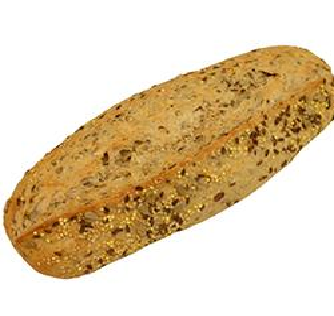 Petit pain complet, de forme oblongue, parsemé de graines.