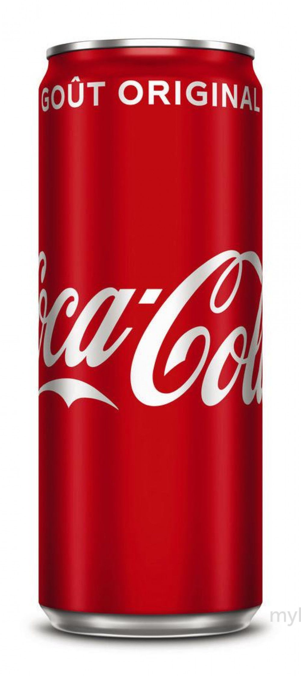 Une canette rouge de Coca-Cola avec le logo Coca-Cola sur fond blanc. L'inscription « GOÛT ORIGINAL » figure sur le dessus.