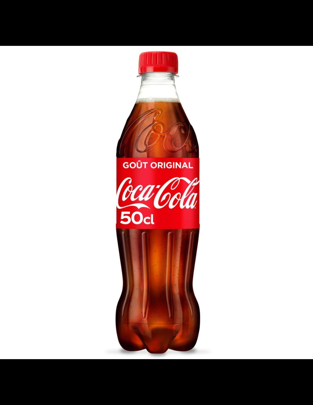 Bouteille de Coca-Cola de 50 cl avec étiquette et bouchon rouges, sur fond blanc.
