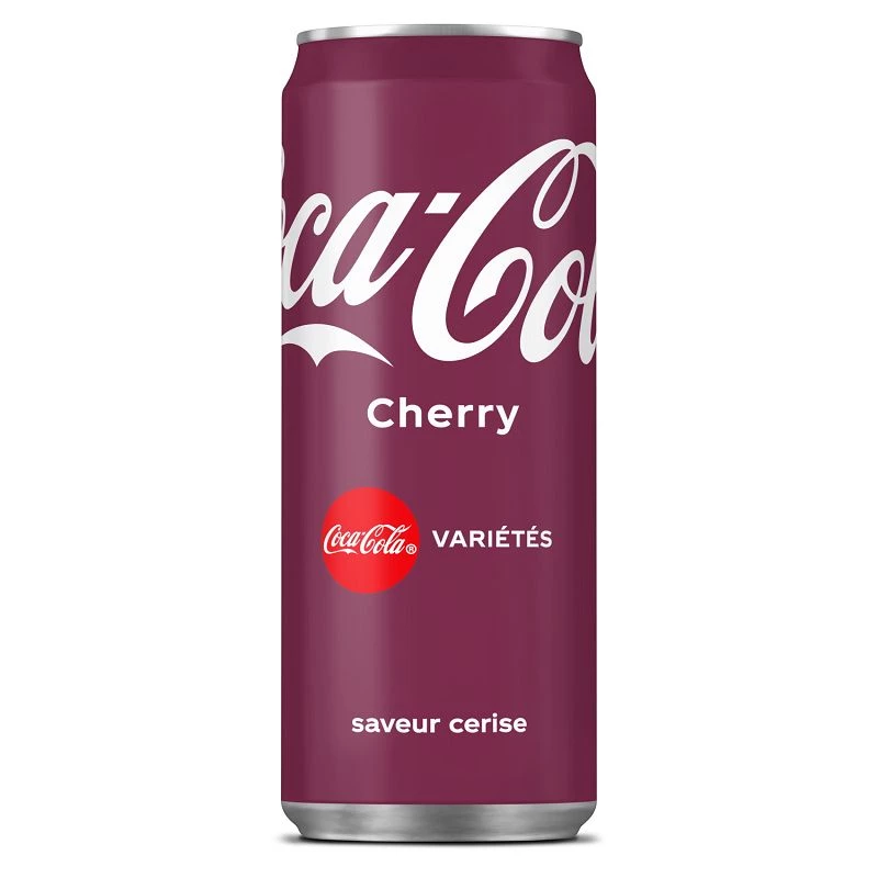 Canette de soda Coca-Cola Cherry avec logo blanc et touches de rouge sur fond rouge foncé.