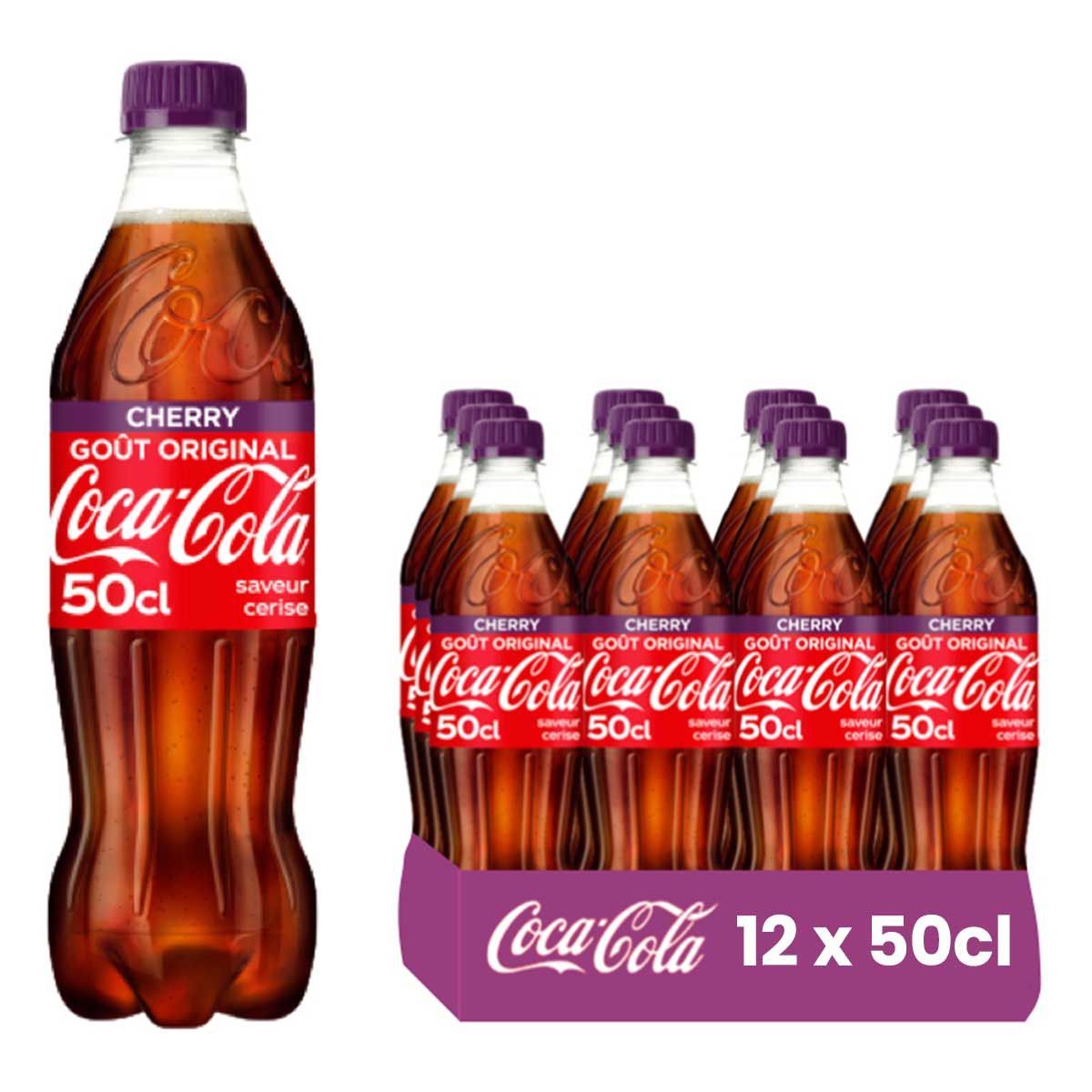 Une bouteille de Coca-Cola Cherry et un pack de 12 bouteilles.