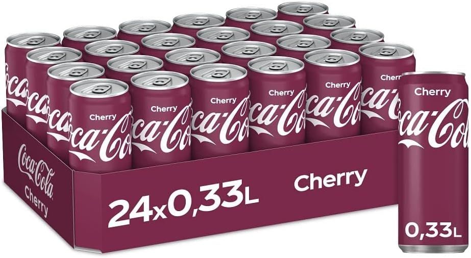 Caisse de 24 canettes de Cherry Coca-Cola, de 0,33 L chacune, dans une boîte bordeaux.
