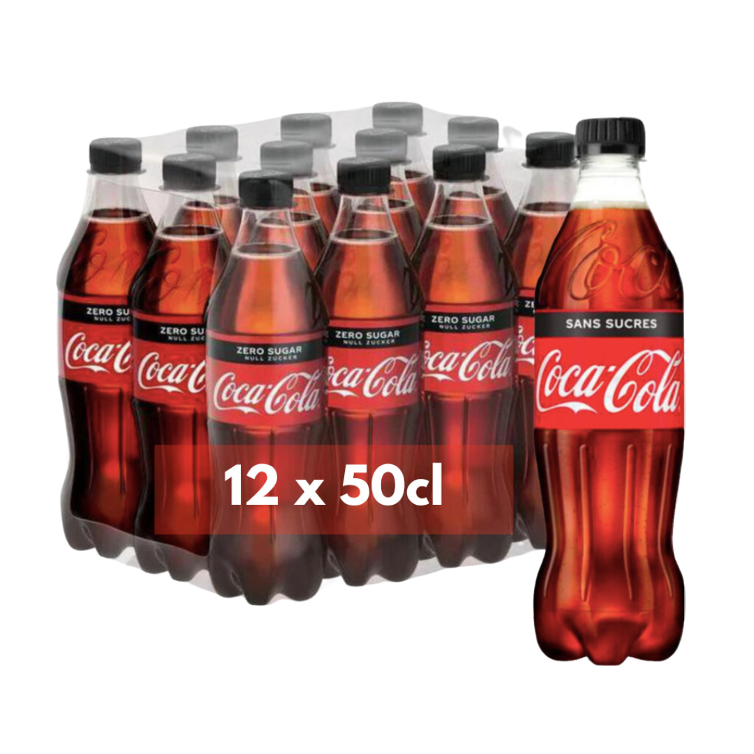 Lot de 12 bouteilles de Coca-Cola Zero, 50 cl chacune, emballées sous plastique.