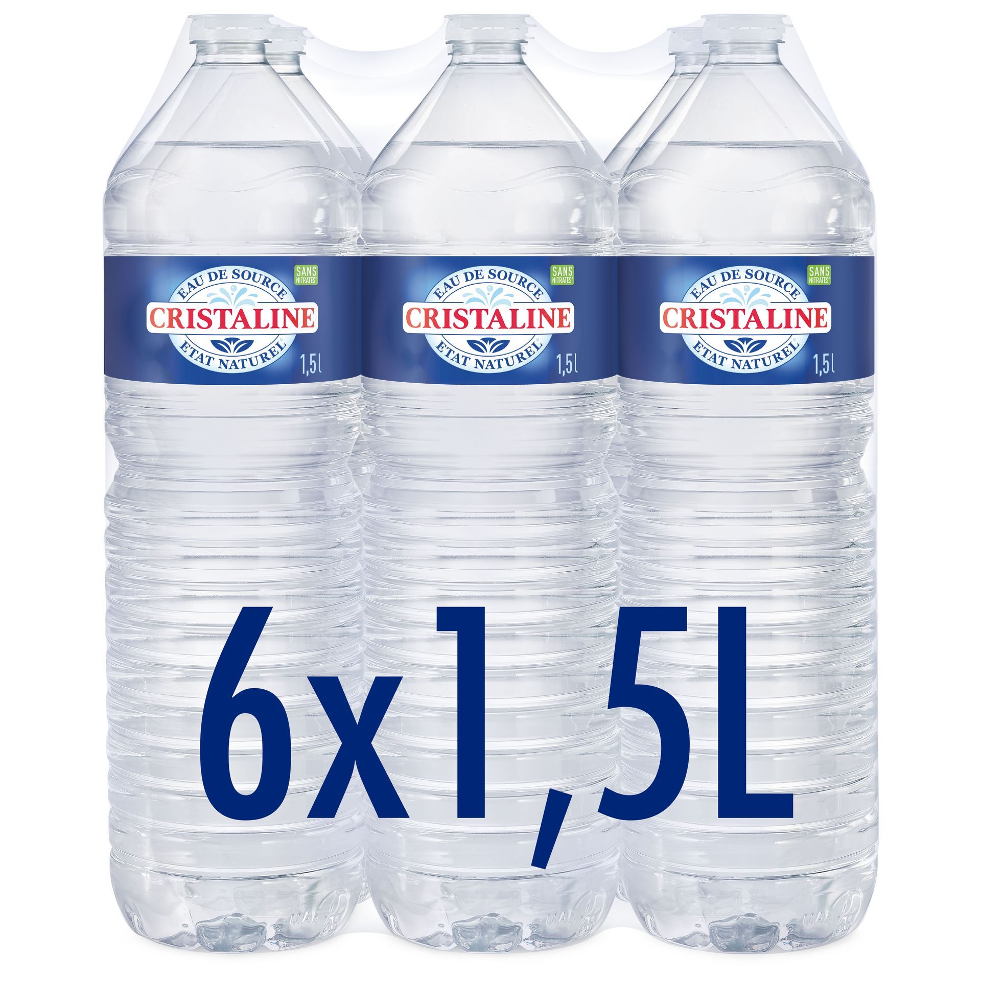 Six bouteilles d'eau Cristaline de 1,5 L chacune, en emballage plastique. Étiquette bleue et blanche.