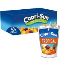Boîte de sachets de jus Capri-Sun Tropical, contenant un sachet individuel et un carton de 40.