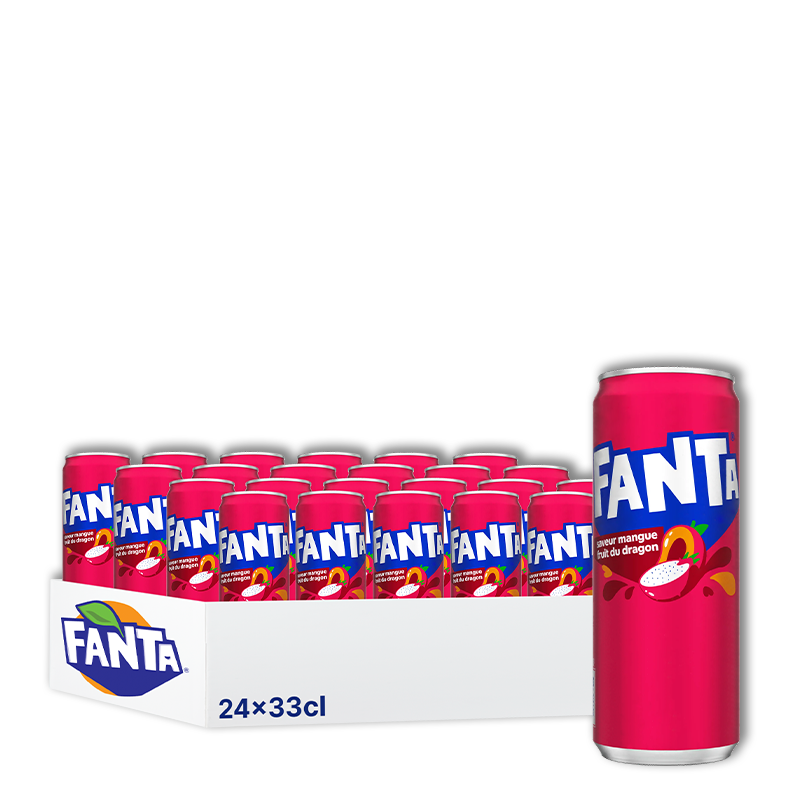 Un plateau de 24 canettes de Fanta (33 cl) contenant une canette isolée. Les canettes sont rouges et portent le logo Fanta.