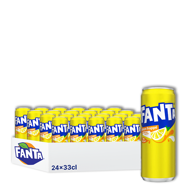 Un plateau de canettes de Fanta Lemon Frappe et une canette isolée sur fond blanc.