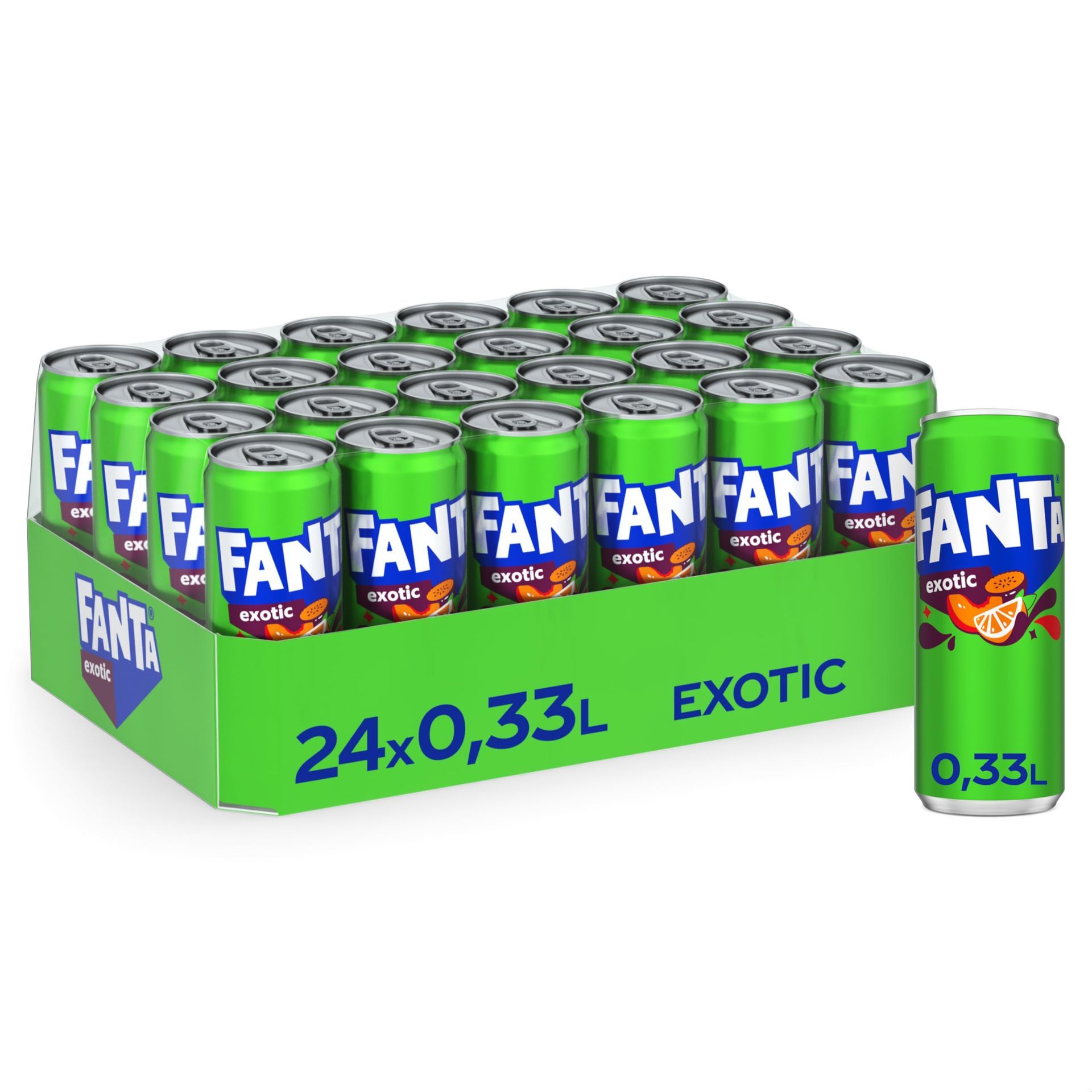Un plateau de 24 canettes vertes de Fanta Exotic, chaque canette étant présentée individuellement sur fond blanc.