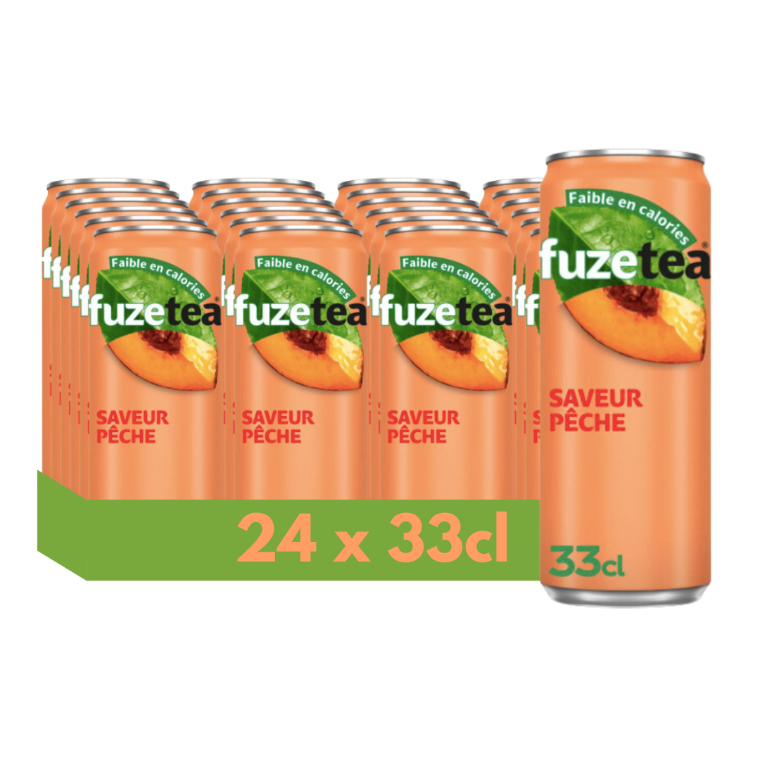 Lot de 24 canettes de Fuze Tea saveur pêche. Une canette est vendue séparément. Couleur : orange.
