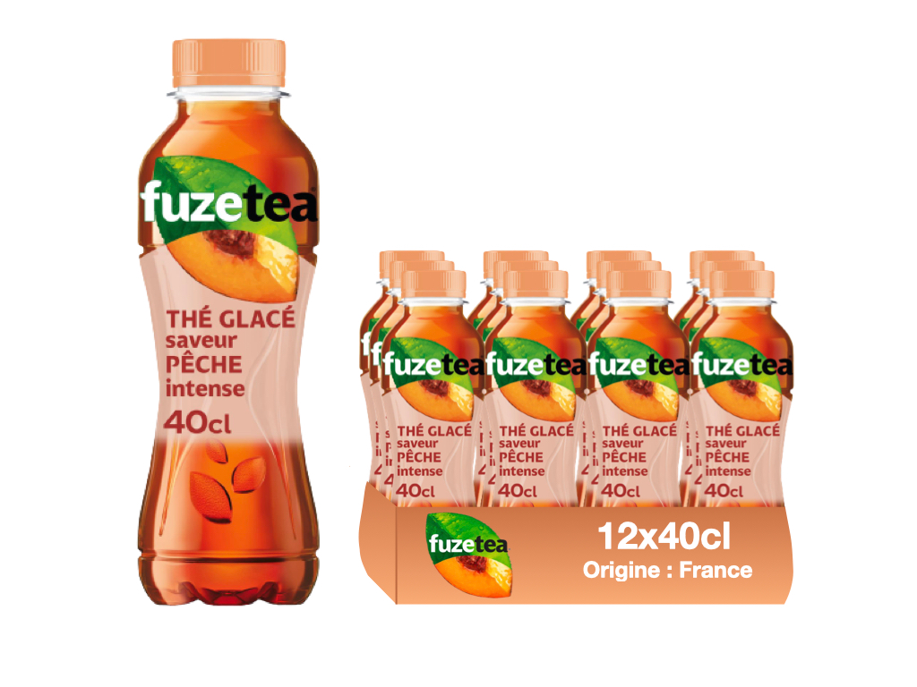 Une bouteille de thé glacé Fuze Tea à la pêche et un carton de 12 bouteilles, ornés de motifs de pêche.