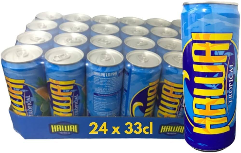 Caisse de 24 canettes bleues de boisson énergisante Hawaiian Tropical, 33 cl chacune.