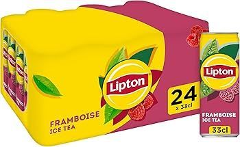 Thé glacé à la framboise Lipton, paquet de 24 canettes. Emballage jaune et rouge avec logo et gros plan d'une canette.