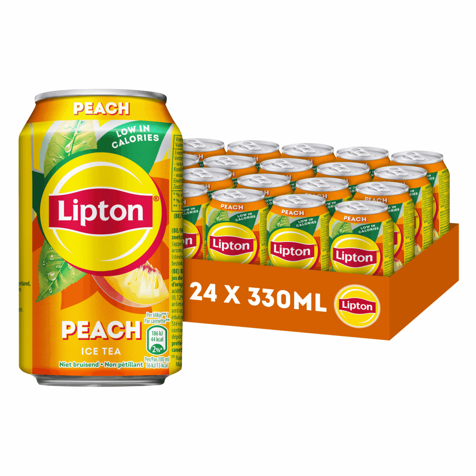 Lipton Thé glacé à la pêche. Un carton de 24 canettes de thé glacé à la pêche, avec une seule canette en évidence.
