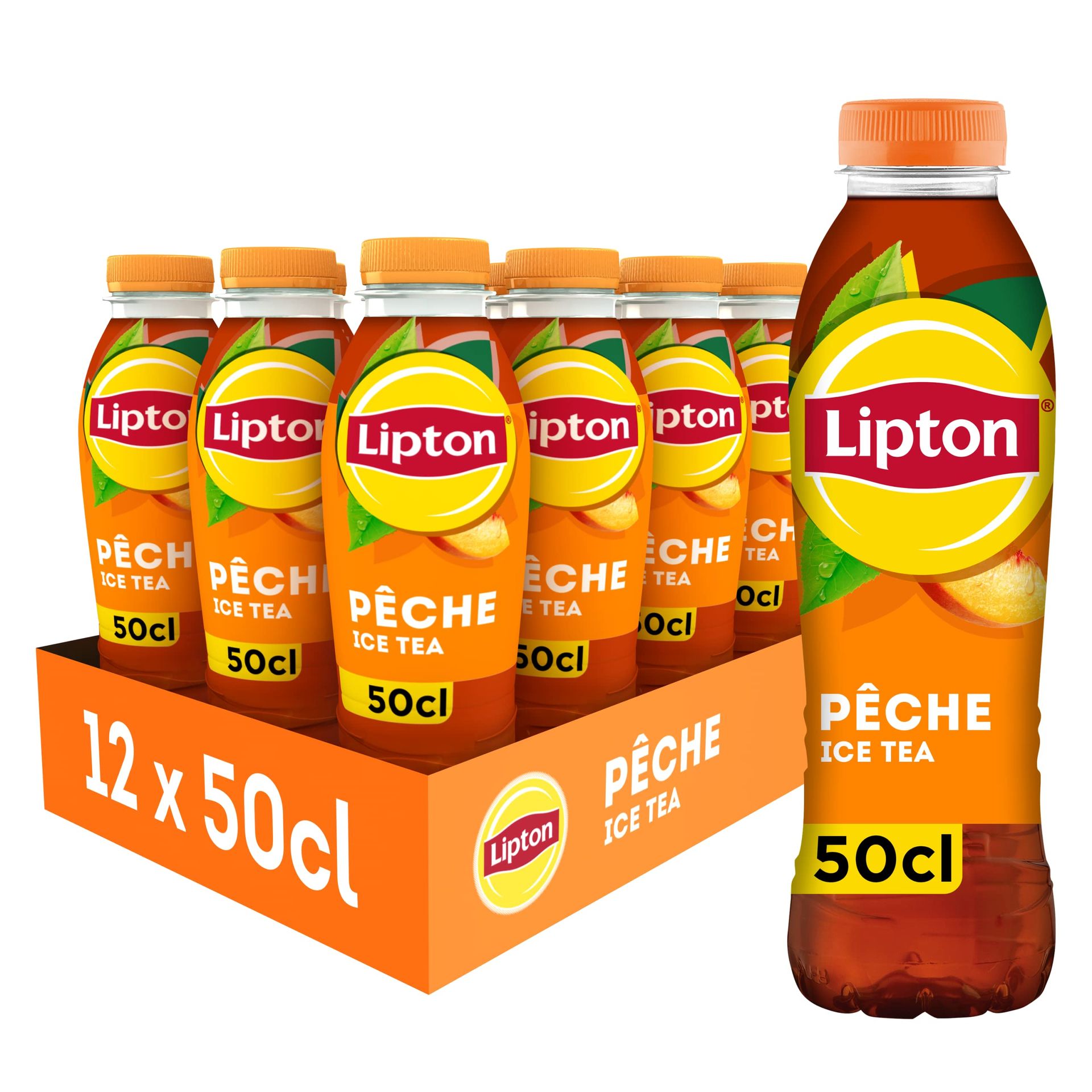 Une boîte de bouteilles de thé glacé à la pêche Lipton, marquage orange et jaune, 50 cl chacune.