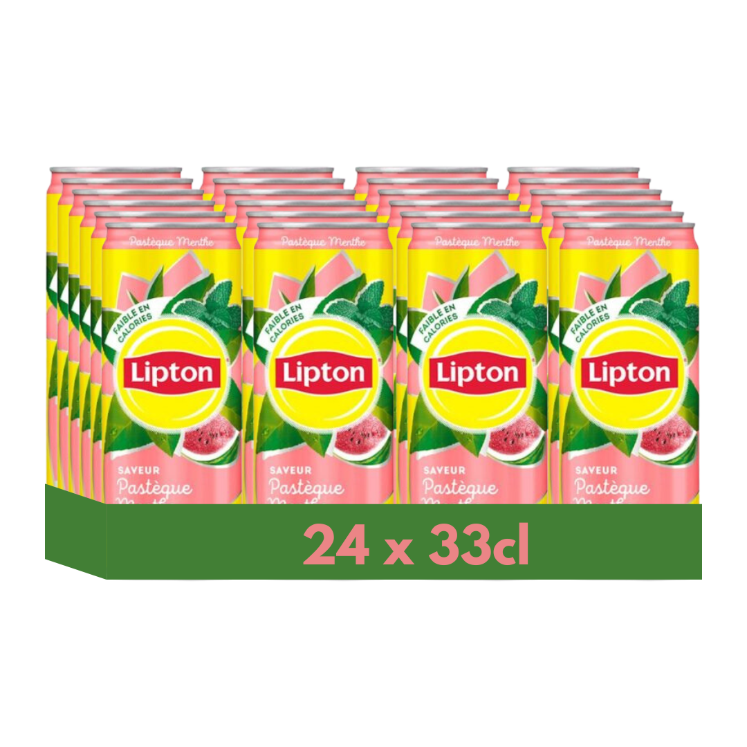 Un carton de 24 canettes de thé glacé Lipton à la pêche (33 cl chacune).