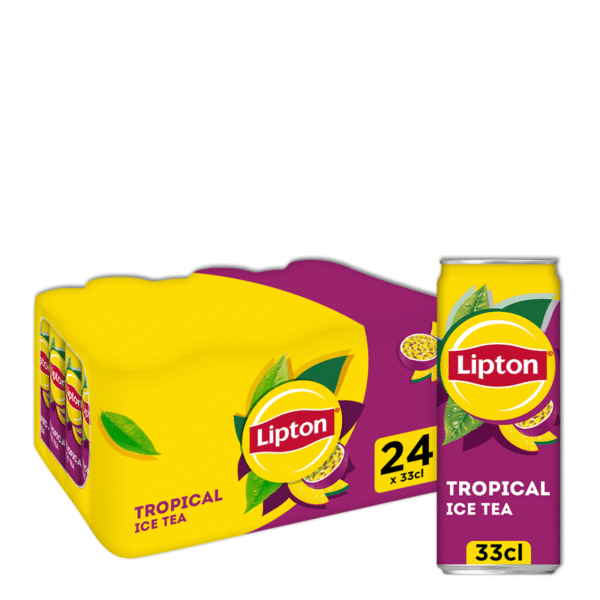Lipton Tropical Ice Tea, un pack de 24 canettes et une canette individuelle ; emballage jaune, fond violet, motif fruité.