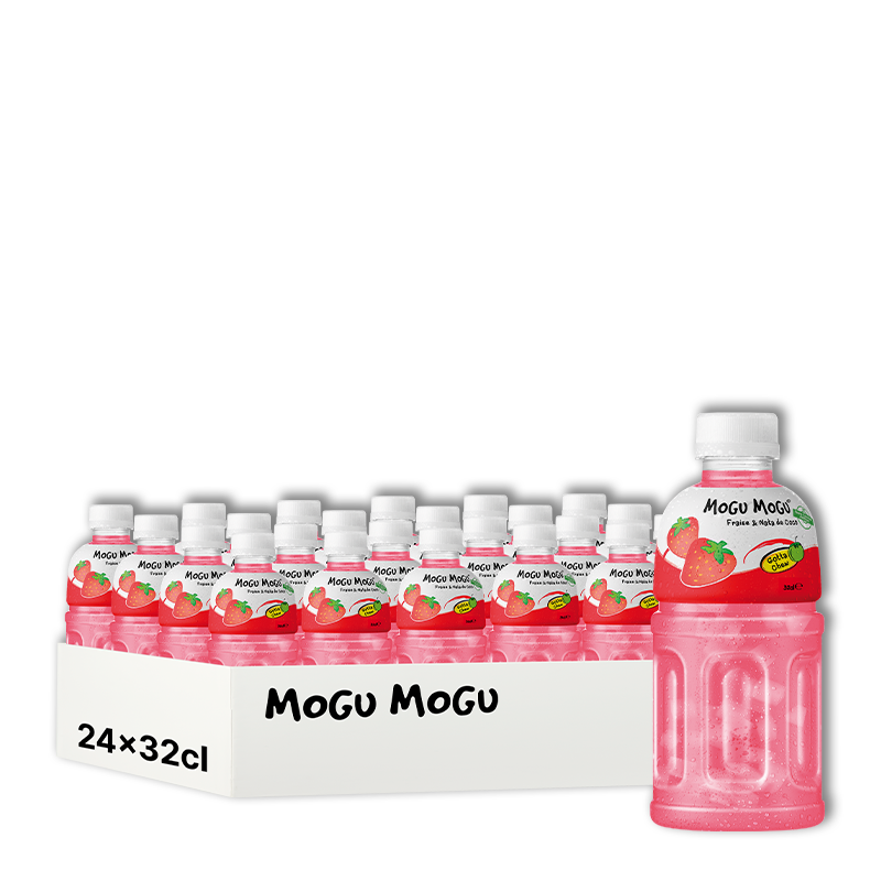 Pack de 24 bouteilles de jus de fraise Mogu Mogu. Boisson rose en brique blanche, bouteille individuelle visible.