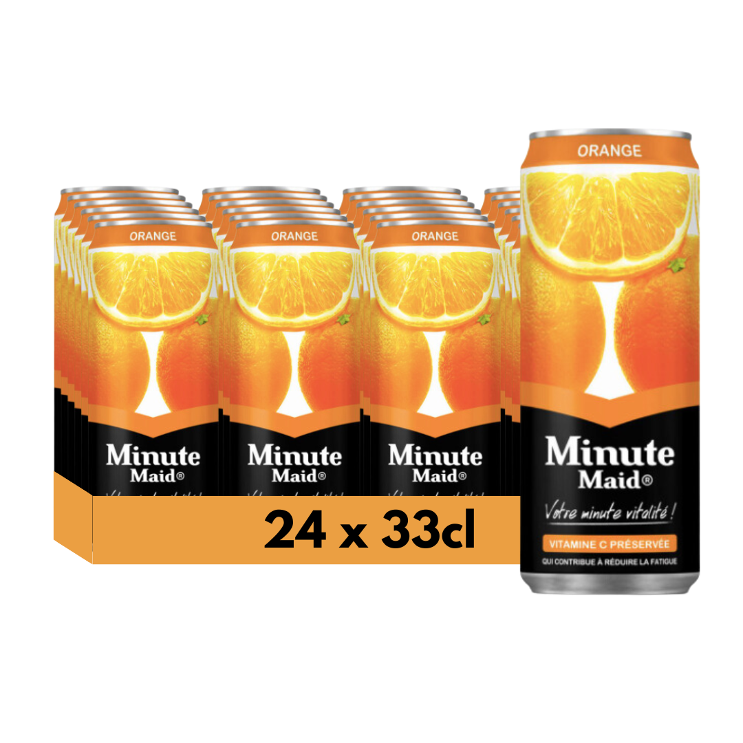 Un carton de canettes de jus d'orange Minute Maid, 24 x 33 cl, avec un motif de tranche d'orange, sur fond blanc.