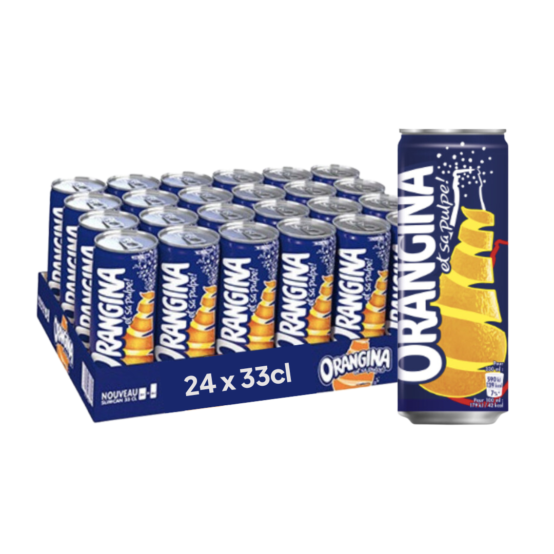 Un plateau de 24 canettes Orangina de 33 cl et une canette seule. Les canettes sont bleu foncé.
