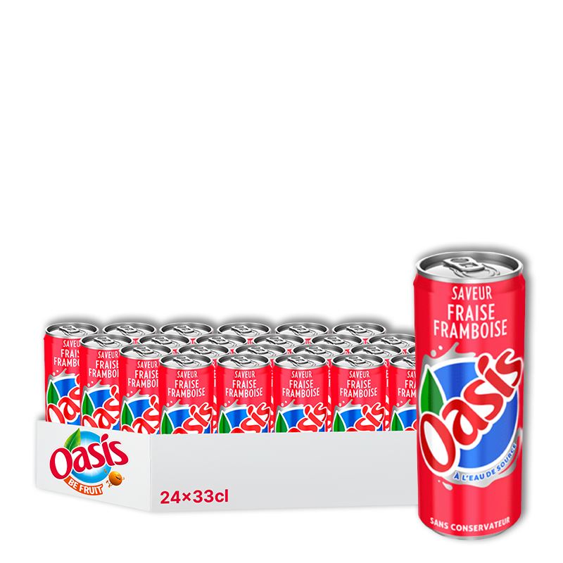 Un carton de 24 boissons Oasis à la fraise et à la framboise, avec une seule canette à côté.