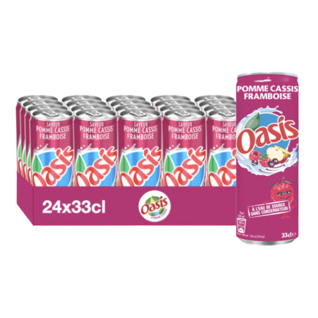 Un lot de 24 canettes de boisson Oasis Pomme Cassis Framboise. Les canettes sont roses avec un logo blanc et bleu.