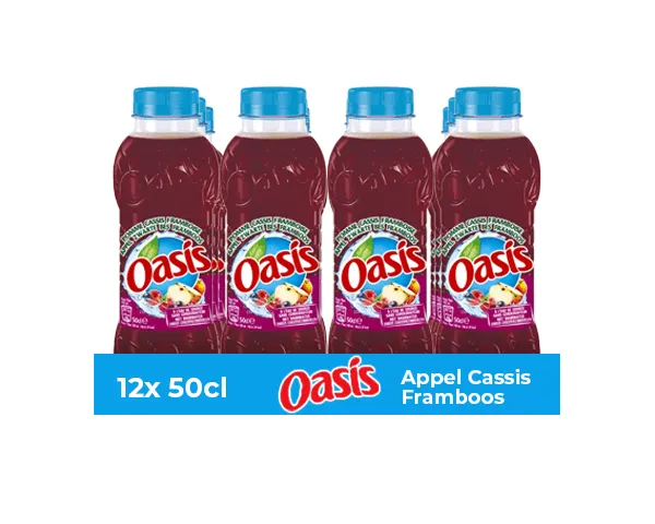 Pack de 12 bouteilles de jus Oasis Appel Cassis Framboos. Liquide rouge foncé en bouteilles à bouchon bleu.