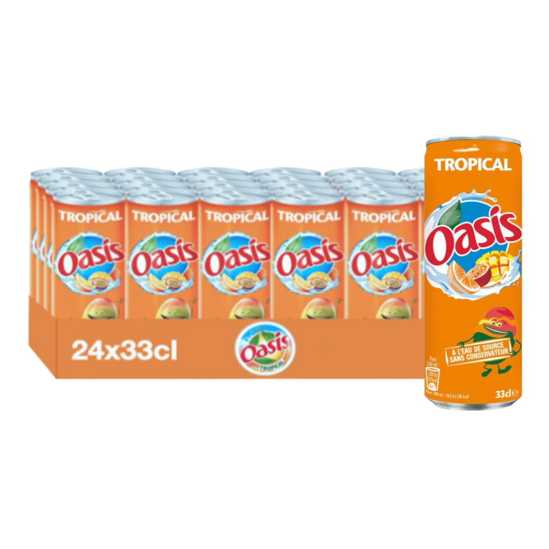 Un carton de canettes de jus Oasis Tropical, emballage orange. Une canette tient debout seule.