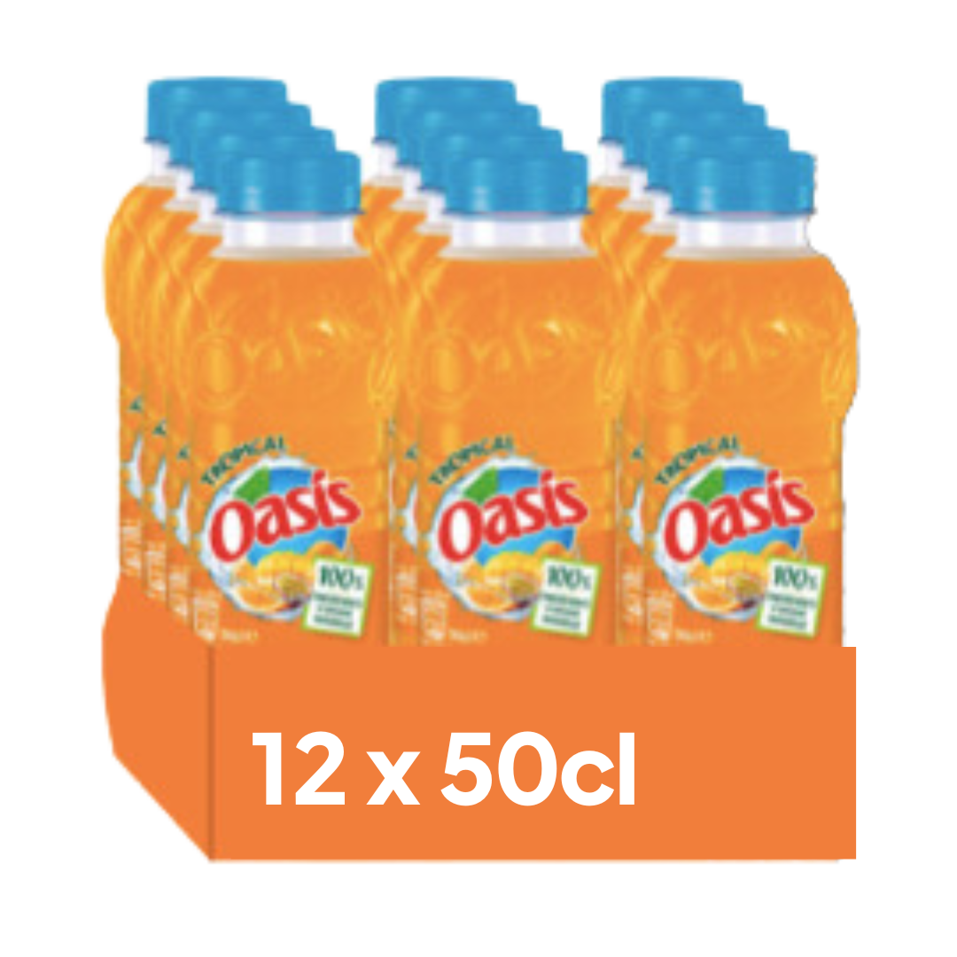 Lot de 12 bouteilles de jus tropical Oasis (50 cl chacune) dans une boîte orange, avec des bouchons bleus.