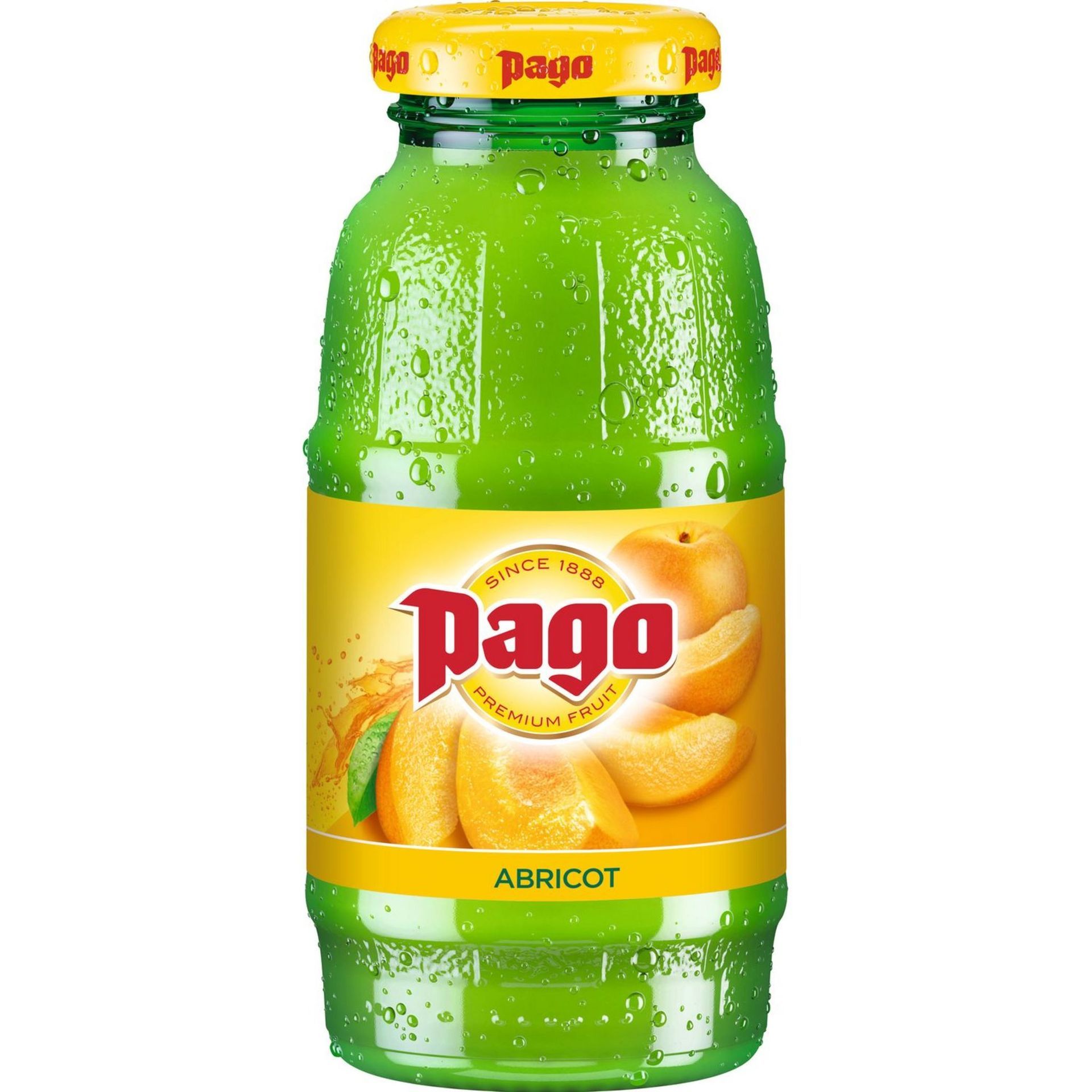 Bouteille de jus d'abricot Pago avec étiquette et bouchon jaunes ; liquide vert à l'intérieur.
