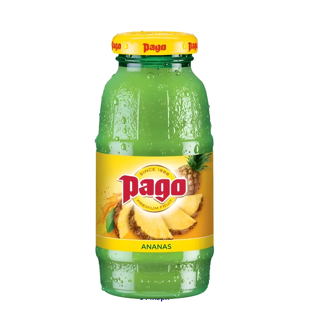 Bouteille de jus d'ananas Pago avec étiquette et bouchon jaunes.