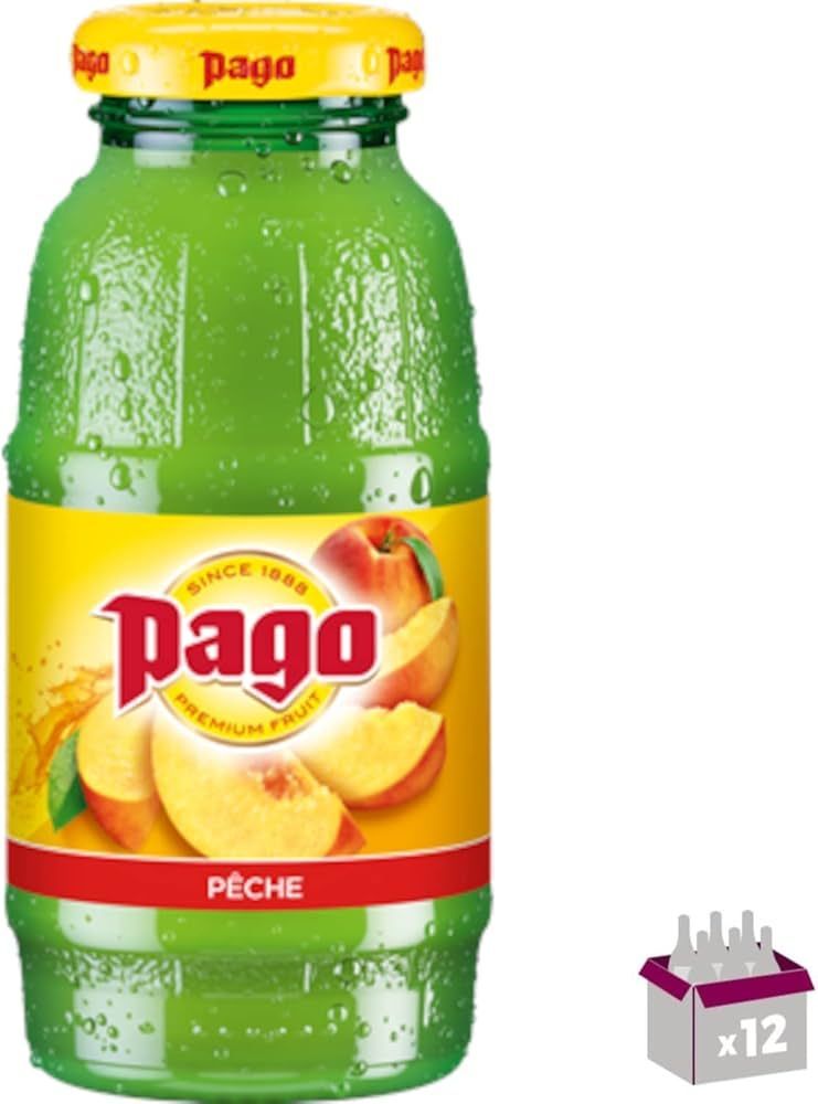 Bouteille de jus de pêche Pago, vendue par boîte de 12. Bouteille verte avec étiquette jaune et illustration de pêche.