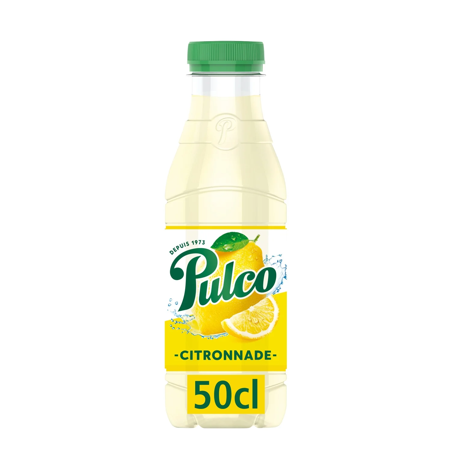 Bouteille de jus de citronnade Pulco avec un bouchon vert et une étiquette ornée de citrons.
