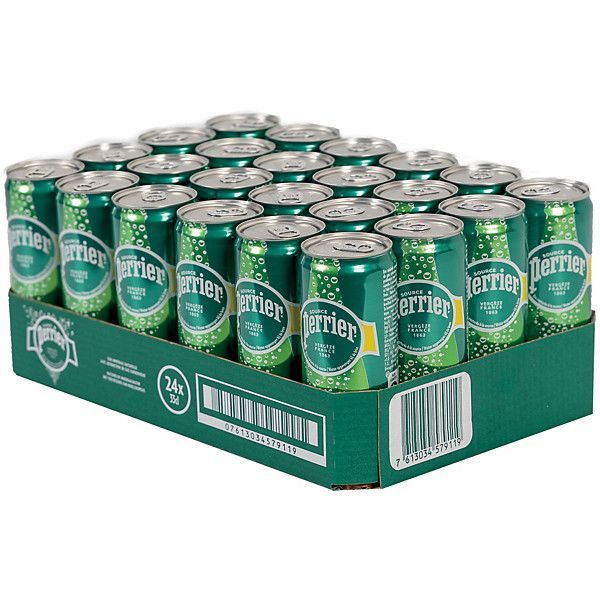 Un plateau de canettes d'eau gazeuse Perrier, étiquettes vertes et blanches, disposées en rangées.