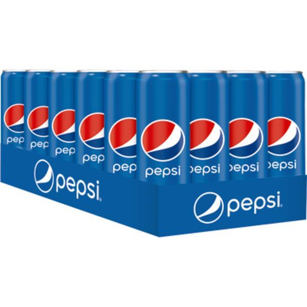 Un pack de canettes Pepsi bleues avec un logo rouge et blanc.