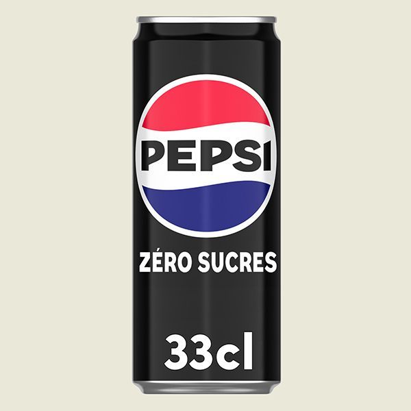 Canette de Pepsi Zero avec logo rouge, blanc et bleu sur fond noir. On peut y lire « Zéro Sucres » et « 33 cl ».