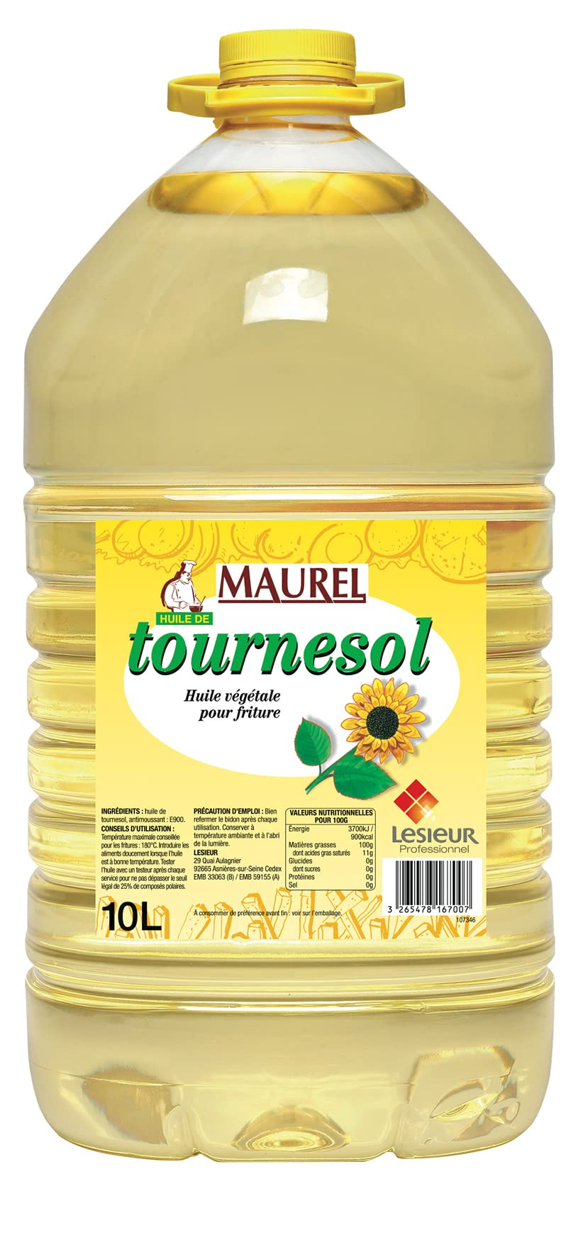 Une grande bouteille d'huile de tournesol Maurel, avec une étiquette et un bouchon jaunes, d'une contenance de 10 litres.