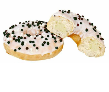 Beignet glacé aux vermicelles, coupé en deux pour montrer la garniture.