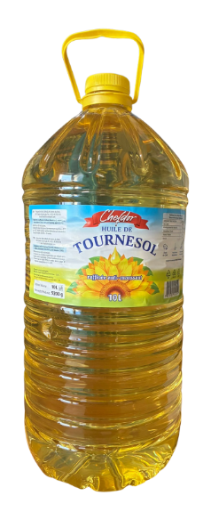 Bouteille d'huile de tournesol avec une poignée jaune et une étiquette portant l'inscription « Tournesol ».
