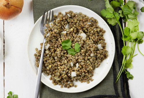 Salade de lentilles sur une assiette blanche avec une fourchette, garnie de coriandre et d'oignon haché.