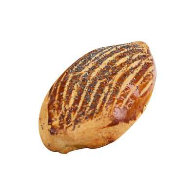 Pâtisserie dorée cuite au four, aux graines de pavot, de forme ovale.
