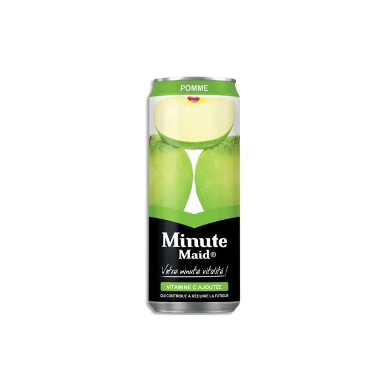 Une canette de jus de pomme Minute Maid avec une image de pomme verte sur fond blanc.