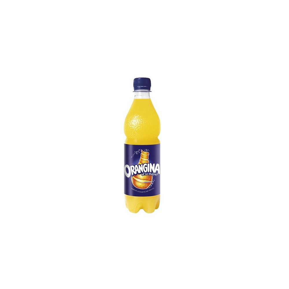 Bouteille de soda Orangina à étiquette bleue.