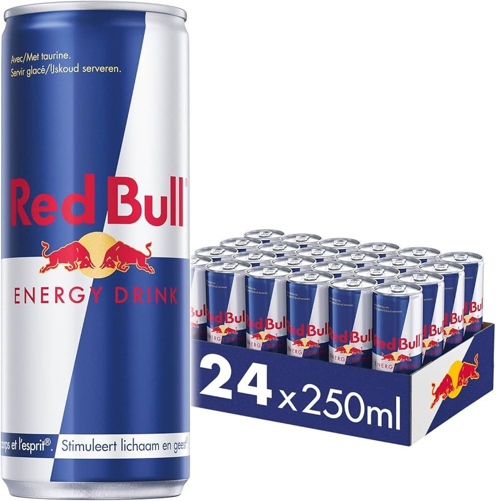 Canette de boisson énergisante Red Bull et boîte de 24 canettes, logo rouge et bleu.