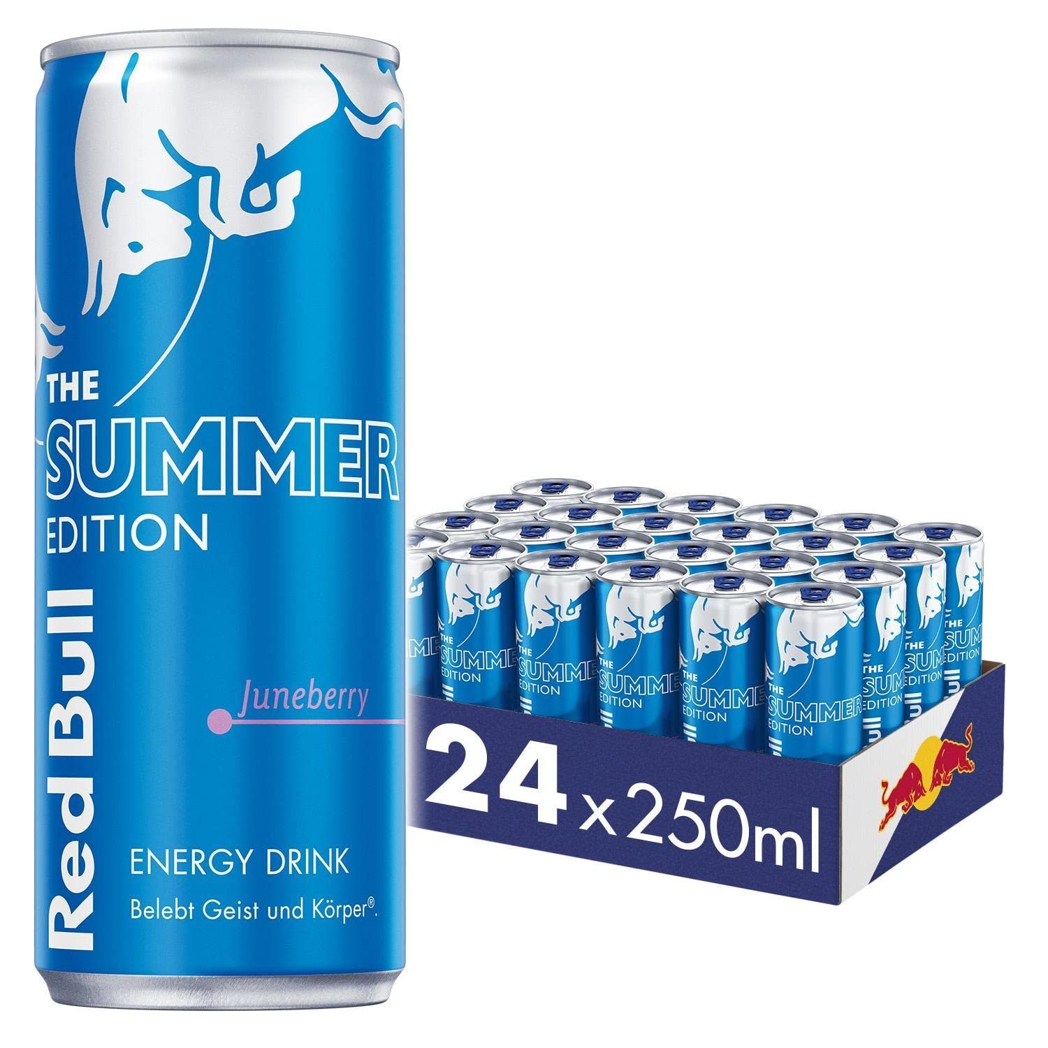 Boisson énergisante Red Bull Summer Edition Juneberry, canette bleue et pack de 24 canettes.