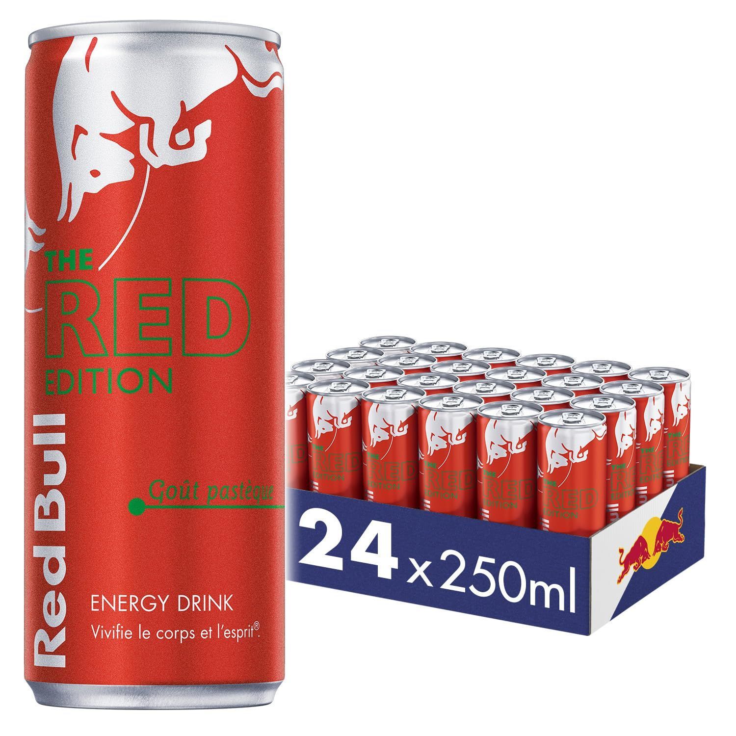 Une canette de boisson énergisante Red Bull Red Edition à côté d'un pack de 24 canettes.