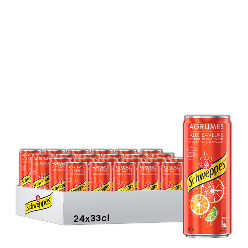 Soda aux agrumes Schweppes Agrumes dans un plateau de 24 canettes, une seule canette étant mise au point.