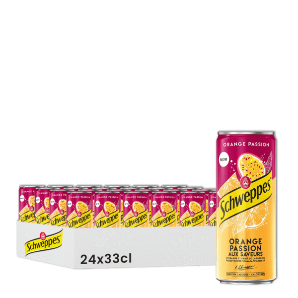 Un pack de 24 canettes de Schweppes Orange Passion et une canette individuelle.