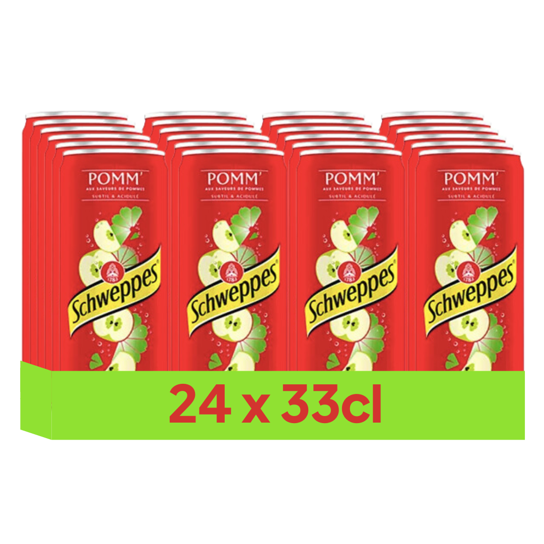 Un pack de 24 canettes de jus de pomme Schweppes Pom'. Canettes rouges avec des pommes vertes, sur un plateau vert.