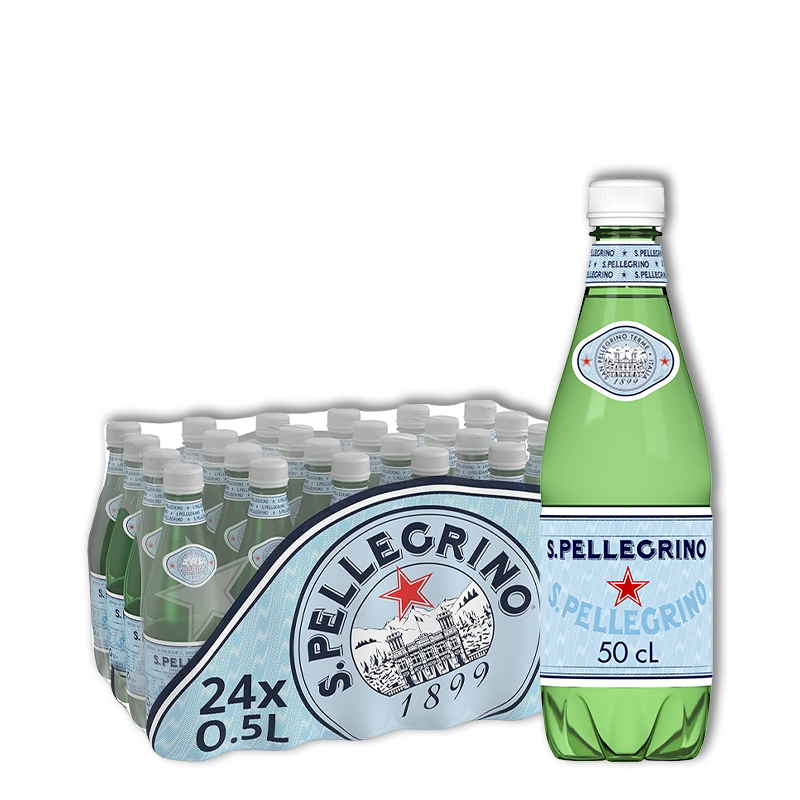 Eau gazeuse S. Pellegrino : un pack de 24 et une bouteille individuelle en verre vert.