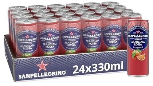 Caisse de canettes Sanpellegrino Aranciata Rossa, 24 x 330ml, étiquette rouge et bleue.